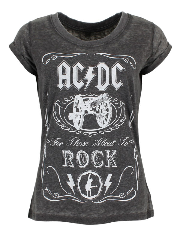AC/DC Ladies Cannon Swig Burn Out Charcoal Grey T-Shirt