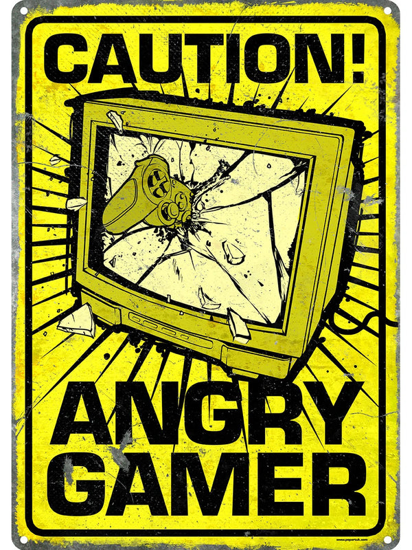 Caution Angry Gamer Tin Sign