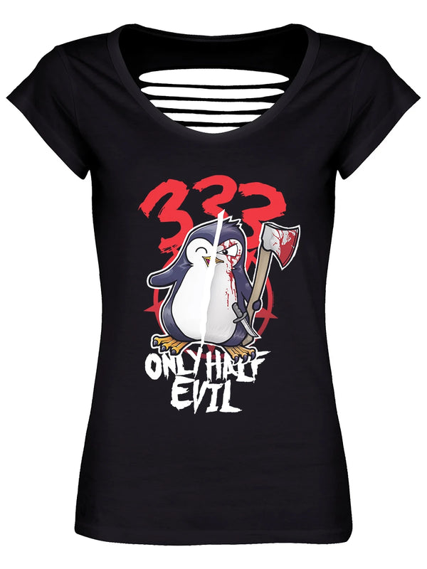 Psycho Penguin Only Half Evil Ladies Black Razor Back T-Shirt